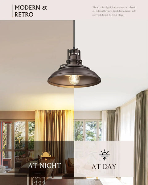 Farmhouse Pendant Light For Kitchen Island, 12 Inch Barn Style Hanging Lamp In Oil Rubbed Bronze, Day and Night View