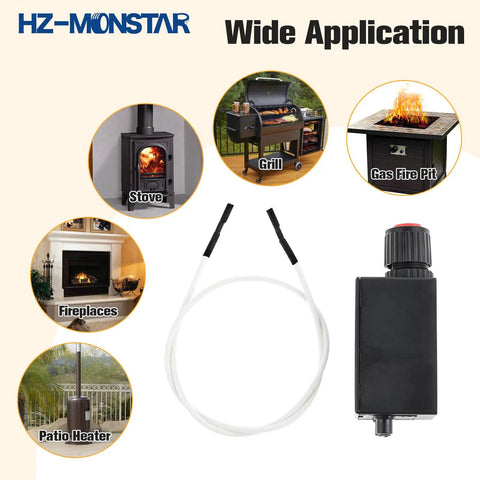 Push Button Ignition Kit With 20 Inch Wire For Gas Fire Pits Grills And Patio Heaters shown with application images