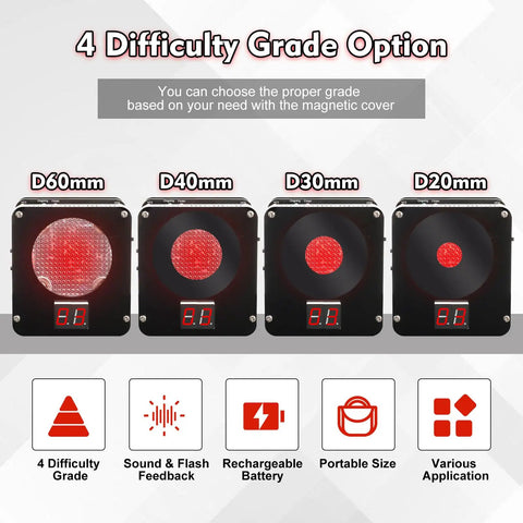Four targets with digital counters for DIY Light Sensitive Shooting Target Kit For Soldering Practice, 4 difficulty modes shown