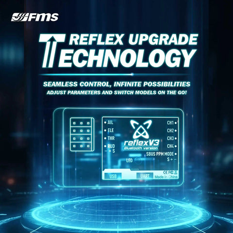 Reflex V3 Mini Gyro Flight Controller display with upgrade technology text and control parameters, for stable RC plane flights.