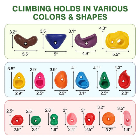 Climbing holds in various shapes and colors, part of 32 Piece Rock Climbing Holds Set For Kids And Adults with sizes shown.