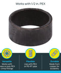 Single half inch copper crimp ring for PEX and PE-RT pipe, highlighting versatility and durability, for water lines without soldering.