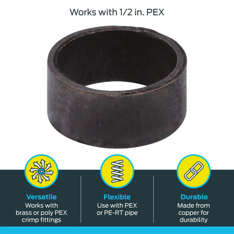Single half inch copper crimp ring for PEX and PE-RT pipe, highlighting versatility and durability, for water lines without soldering.