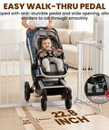 Easy walkthrough with stroller through Extra Wide Baby Gate For Stairs And Doorways 29.7 To 46 Inch Adjustable Pressure Mounted