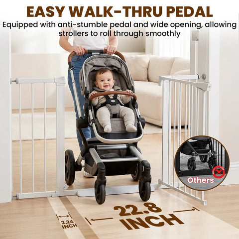 Easy walkthrough with stroller through Extra Wide Baby Gate For Stairs And Doorways 29.7 To 46 Inch Adjustable Pressure Mounted