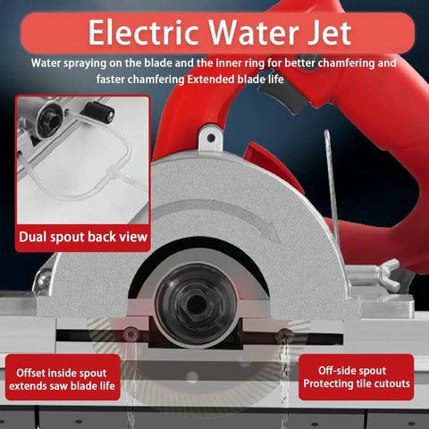 Heavy Duty 1200 Watt Electric Tile Bevel Cutter With 43 Degree Angled Cutting And Rock Solid Aluminum Frame showing electric water jet system for cooling.