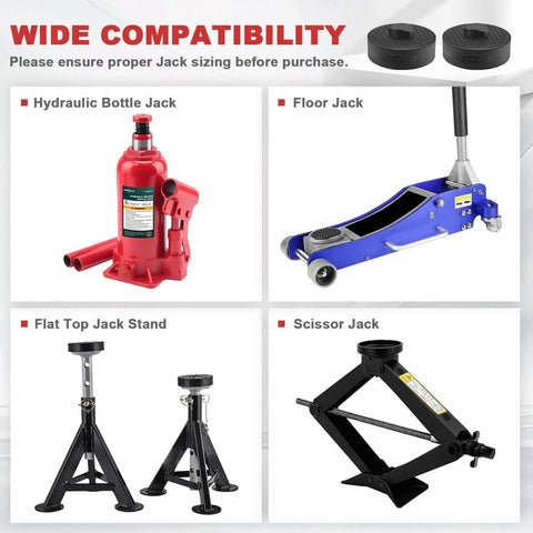 Heavy Duty Car Jack Pad Adapters For Porsche 911 964 993 996 991 Cayman Boxster, Rubber Jacking Support Point Floor Pads, grippy pucks shown with hydraulic bottle jack, floor jack, flat top jack stand, and scissor jack.