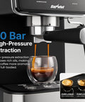 Real Deal Espresso And Americano Machine With Snappy Touchscreen Controls pouring rich espresso into a glass