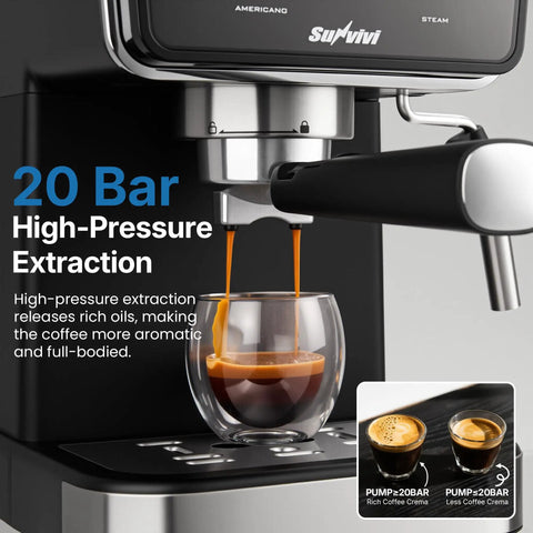 Real Deal Espresso And Americano Machine With Snappy Touchscreen Controls pouring rich espresso into a glass