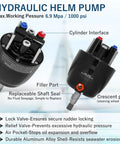Hydraulic helm pump with cylinder interface and replaceable shaft seal for boats, features durable aluminum alloy shell