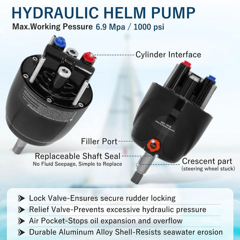 Hydraulic helm pump with cylinder interface and replaceable shaft seal for boats, features durable aluminum alloy shell