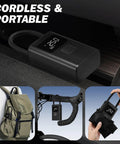 Plug And Play 150 Psi Tire Inflator Fast Fill Air Compressor Digital Gauge Auto Shut Off Pocket Power Tool in use, cordless and compact.