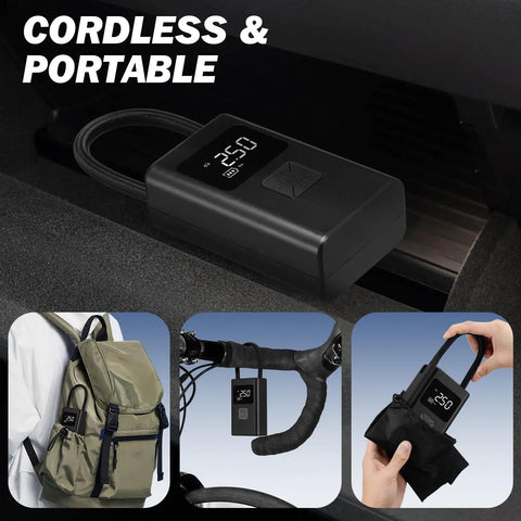 Plug And Play 150 Psi Tire Inflator Fast Fill Air Compressor Digital Gauge Auto Shut Off Pocket Power Tool in use, cordless and compact.