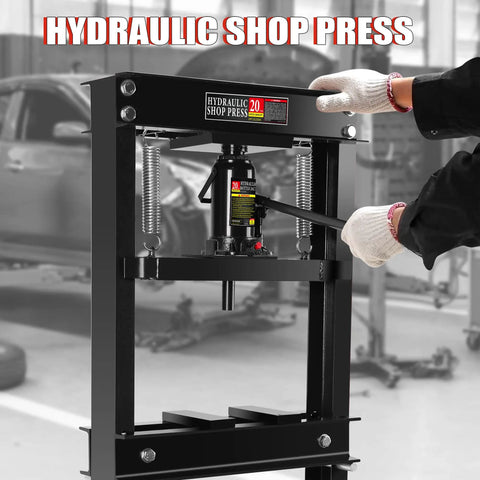 Heavy Duty Hydraulic Shop Press Engineered For Maximum Tonnage And Zero Fuss Operation features a black frame and rapid pump action.