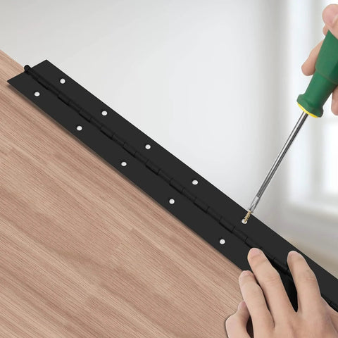 2-pack heavy-duty piano hinges, black stainless steel, 20 in long, 2 in open width, installed on cabinet doors.