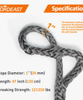 Beefy Built Heavy Duty Off Road Recovery Soft Shackle 1 Inch By 47 Inch UHMWPE Rope With Extra Large Length And 121250 Pound Breaking Strength For Truck And ATV Recovery Gray 1 Pack, close-up of shackle knot and specifications