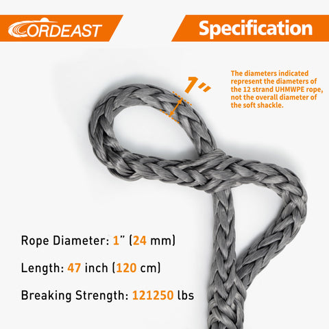 Beefy Built Heavy Duty Off Road Recovery Soft Shackle 1 Inch By 47 Inch UHMWPE Rope With Extra Large Length And 121250 Pound Breaking Strength For Truck And ATV Recovery Gray 1 Pack, close-up of shackle knot and specifications