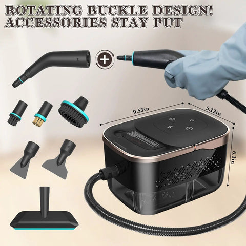 High Pressure Steam Cleaner For Home Deep Clean Blasts Scalding Hot Vapor To Erase Tough Grease From Tile And Sofa Chemical Free Method Leaves Zero Residue Behind A Trusted Workhorse For Kitchen Garage And Auto Detailing, featuring a rotating buckle design and various accessories.