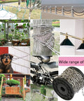 Collage of uses for Stainless Steel Chain 2.5mm 3M Grab And Go Light Duty Utility Chain for outdoor setups, hanging, and securing.