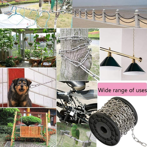 Collage of uses for Stainless Steel Chain 2.5mm 3M Grab And Go Light Duty Utility Chain for outdoor setups, hanging, and securing.