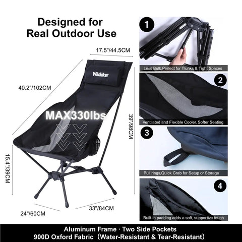 Portable Lightweight Folding Camping Chair With High Back And Pillow, Deep Recline, Arm Pads, Side Pockets, Black, Detailed View
