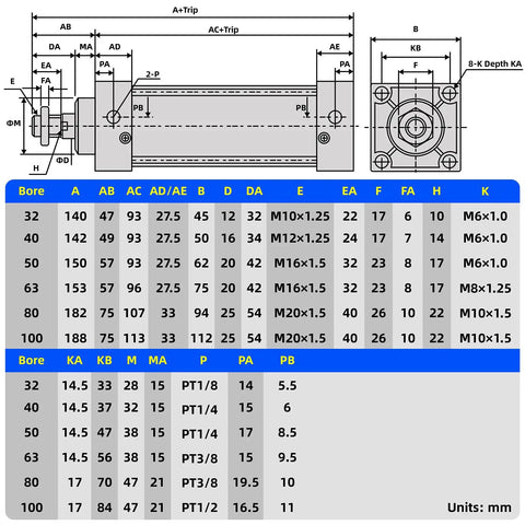 Technical diagram of Beefy 4 Inch Bore 6 Inch Stroke Pneumatic Air Cylinder Double Acting Aluminum Body dimensions and specifications chart