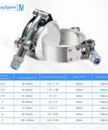 Two Pack 1.25 Inch T Bolt Stainless Steel Hose Clamps 304 Grade Durable Clamp Kit With 36 To 44 Mm Working Range Fits 1.25 Inch Inner Diameter Hoses Ideal For Automotive Marine Industrial Use, front view with spec sheet.
