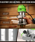 Slick Quick Release 6.5 Amp Compact Wood Router With Fixed Base showing depth adjustment and quick locking mechanism.