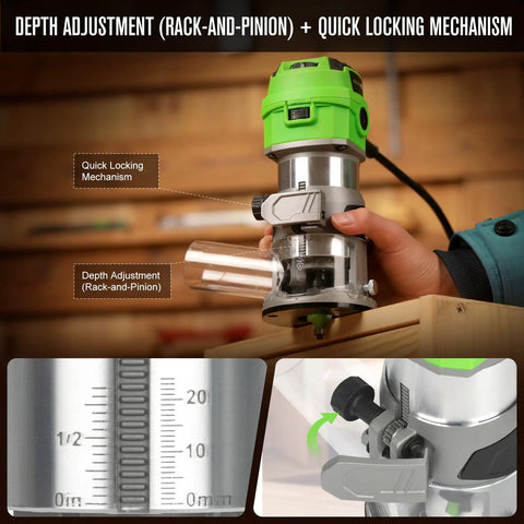 Slick Quick Release 6.5 Amp Compact Wood Router With Fixed Base showing depth adjustment and quick locking mechanism.