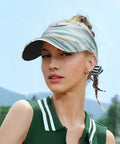 Woman wearing Open Top Sun Visor Hat For Outdoor Sports, Ventilated UV Protection Visor With Curved Brim, outdoors with mountains backdrop