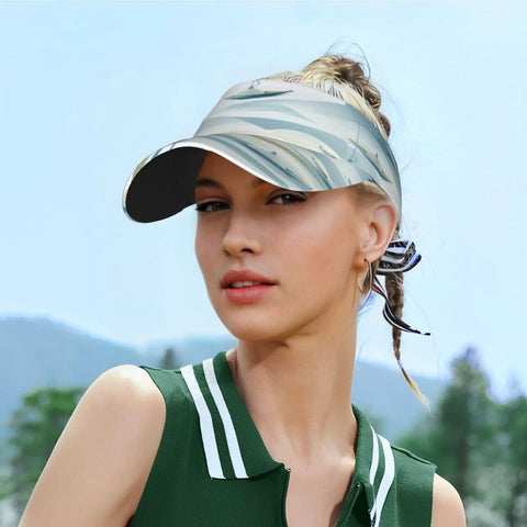 Woman wearing Open Top Sun Visor Hat For Outdoor Sports, Ventilated UV Protection Visor With Curved Brim, outdoors with mountains backdrop