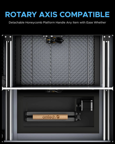 OMTech K40+ 45W CO2 laser engraver interior view with honeycomb bed and mounted laser tube