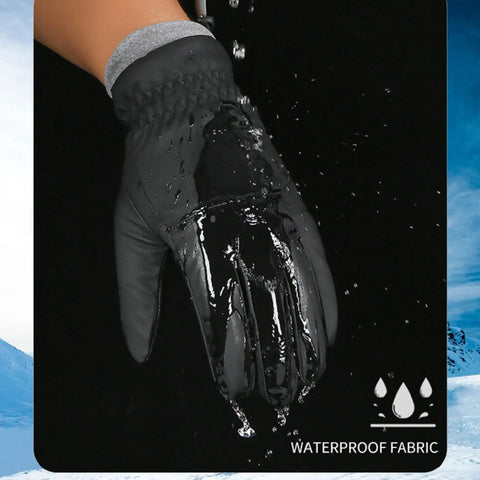 Black Warm Waterproof Winter Ski Gloves For Men And Women with water splashing off waterproof fabric in close-up view.