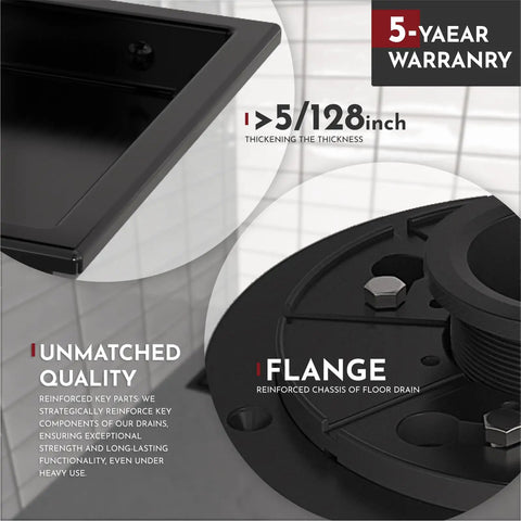 Six Inch Square Shower Drain Matte Black With Reversible Flange Cover And Tile Insert Grate Two In One Removable SUS304 details