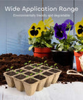 144 Cell Biodegradable Seed Starter Trays in front of flowers, showcasing organic germination for indoor gardening with plant labels.