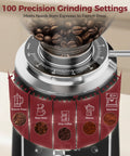 Top Shelf 64 Mm Stainless Steel Flat Burr Coffee Grinder With One Hundred Precision Grind Settings, showcasing grind settings from French Press to Espresso.