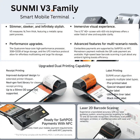 Plug And Chug Android 13 Handheld POS System With Integrated 58mm Thermal Printer showcasing receipt and label printing features.