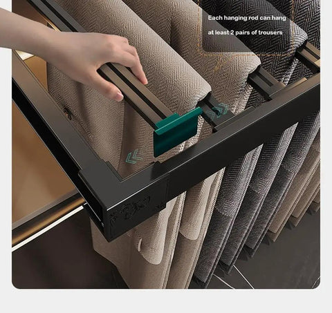 Close-up of Expandable Trouser Rack With Silent Glide Rails And Drawer Pants Hanger System showing trousers hanging neatly.