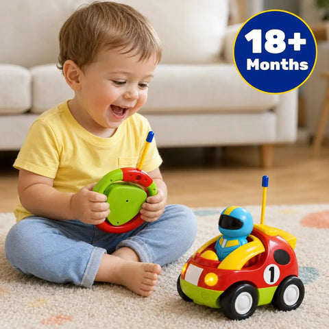 Child playing with Cartoon Style My First Remote Control Car For Toddlers 18 Months Plus, two-button remote in hand.
