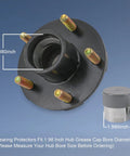 1.98 Inch Stainless Steel Wheel Bearing Protectors With Silicone Dust Cap, 2 Pack displayed on trailer hub fit 1.98 inch bore