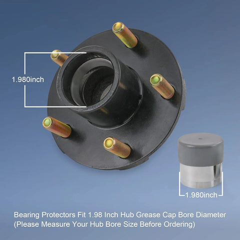 1.98 Inch Stainless Steel Wheel Bearing Protectors With Silicone Dust Cap, 2 Pack displayed on trailer hub fit 1.98 inch bore