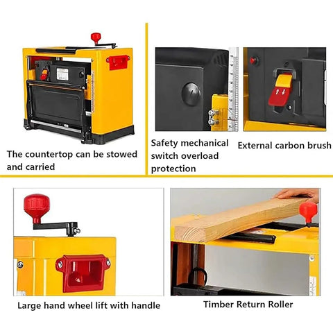 Rock Solid Bench Top Thickness Planer delivering beasty 2000W power, featuring stowable countertop, safety switch, and return roller.