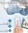 Person pressing white touch button of Wireless Doorbell System For Home With Battery Operated Receiver in snowy weather