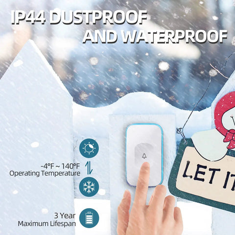 Person pressing white touch button of Wireless Doorbell System For Home With Battery Operated Receiver in snowy weather
