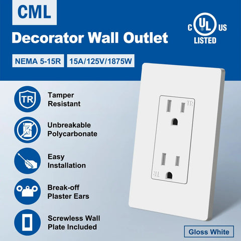 50 Pack Tamper Resistant 15 Amp Decorator Electrical Outlet With Screwless Wall Plate For Home And Commercial Use 15A 125V UL Listed White Durable Construction For High Traffic Areas
