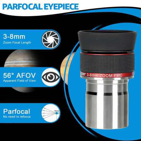 3Mm To 8Mm Zoom Eyepiece For 1.25 Inch Telescopes, Parfocal Design, shown with lens details and benefits, for lunar viewing