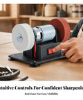 Professional Grade Rock Solid Electric Bench Grinder With Non Slip Dual Wheels Vibration Proof Base showing intuitive controls and dual grinding wheels.