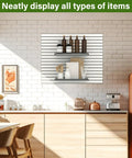 Four Pack 17 By 10 Inch Metal Slatwall Shelves For Garage Or Shop Display, Rust Resistant Black Finish, mounted on white tiles