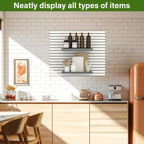 Four Pack 17 By 10 Inch Metal Slatwall Shelves For Garage Or Shop Display, Rust Resistant Black Finish, mounted on white tiles
