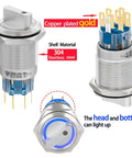 Three Position 19mm Rotary Switch With Blue LED Indicator For 12V 24V DC Or AC, UL Certified, Stainless Steel 304, DPDT 8Pin